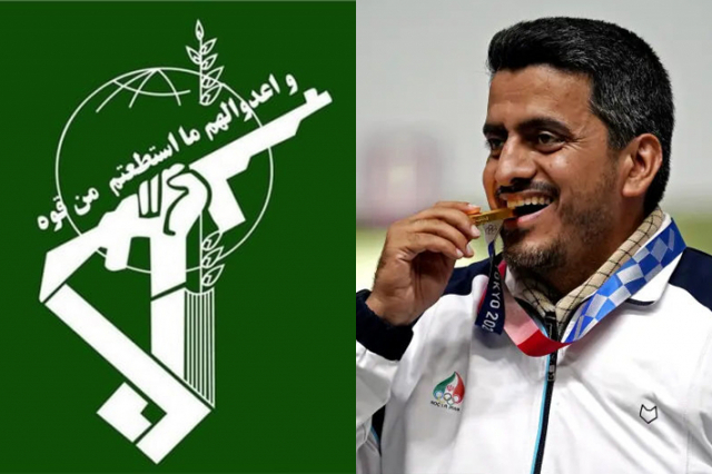 2020 도쿄올림픽 남자 10m 공기권총 금메달리스트 자바드 포루기(오른쪽)가 테러조직으로 분류된 이란혁명수비대에서 활동하는 것으로 밝혀져 논란이 일고 있다. /=이란혁명수비대 홈페이지·이스라엘 매체 '예루살렘 포스트' 갈무리