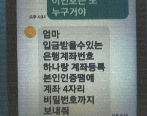 피해자가 받은 메신저 피싱 문자메시지. /연합뉴스