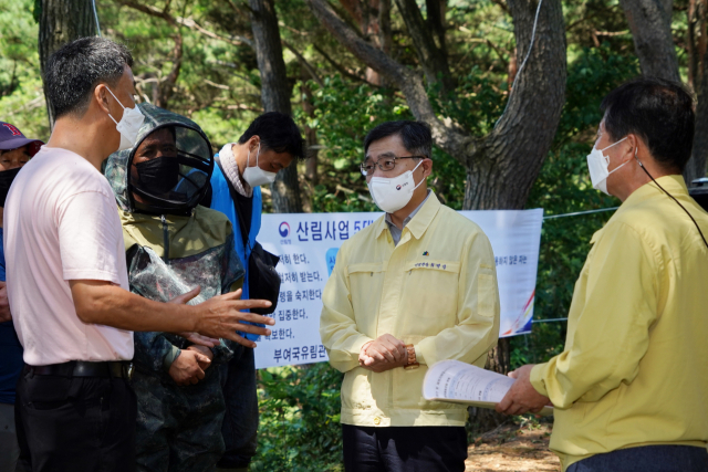 최병암(사진 오른쪽에서 두 번째) 산림청장이 충남 청양군 화성면 산림사업장을 찾아 작업자들을 격려한데 이어 폭염 피해 최소화를 위한 현장 대응 상황을 점검하고 있다. 사진제공=산림청