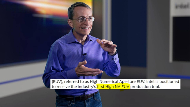 팻 겔싱어 인텔 CEO의 발표. 세계 최초로 High-NA EUV 장비를 생산한다는 발표도 있었다./ 사진=인텔