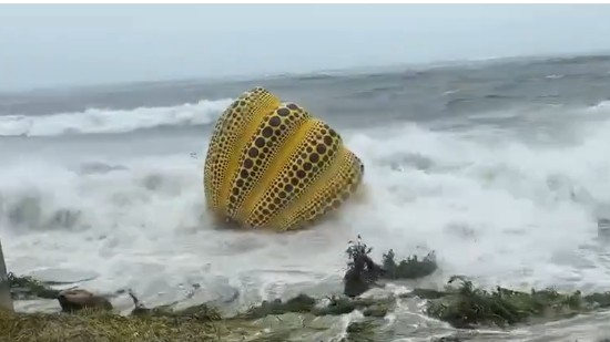 지난 9일 태풍 루핏의 영향으로 일본 나오시마에 야외조각으로 설치됐던 쿠사마 야요이의 100억원대 작품 ‘호박’이 바다에 빠져 파손됐다. /사진출처=트위터