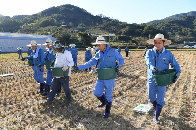 최정우(가운데) 포스코그룹 회장이 직원들과 2019년 10월 전남 광양시 진월면에서 ‘규산질 슬래그 비료 뿌리기 봉사활동’을 하고 있다./사진 제공=포스코