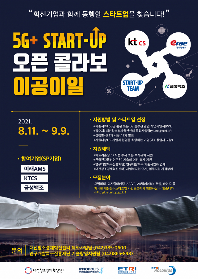 대전창조경제혁신센터는 ‘5G+ START-UP 오픈콜라보 2021’_참여기업을 모집한다. 사진제공=대전창조경제혁신센터