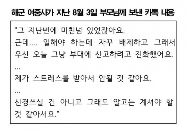 부대 상관의 성폭력으로 극단적 선택을 한 해군 여중사가 부모에게 2차 가해를 당한 사실을 털어놨던 것으로 13일 드러났다./국민의힘 하태경 의원 페이스북 캡처