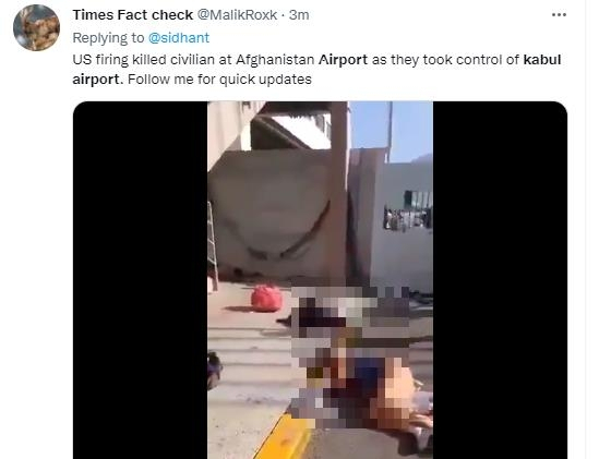SNS에는 “미군이 카불 공항에서 질서 유지를 하려고 발포하는 바람에 민간인이 죽었다”는 글과 함께 여성을 포함한 여러 명이 바닥에 피를 흘리며 쓰러져 있는 동영상이 올라왔다./트위터 @sidhant