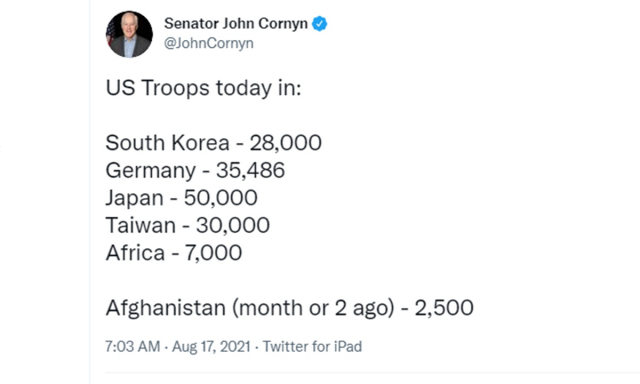 존 코닌 미국 상원의원이 ‘대만에 미군 3만명이 있다’는 트윗을 올렸다. /코닌 트위터