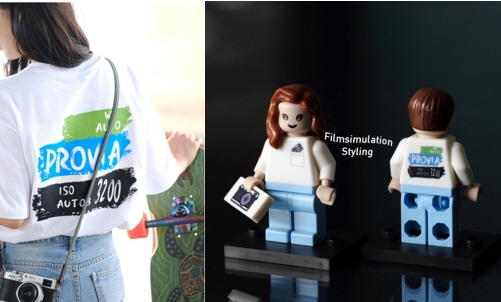 후지필름일렉트로닉이미징코리아의 필름시뮬레이션 티셔츠(왼쪽)와 페이퍼토이. /사진 제공=후지필름일렉트로닉이미징코리아