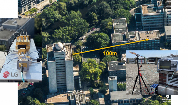LG전자는 지난 13일 독일 베를린에 위치한 프라운호퍼 하인리히-헤르츠 연구소에서 100m거리에 있는 베를린공대까지 6G 테라헤르츠 대역을 활용해 실외에서 통신 신호를 직선 거리 100m 이상 전송했다./사진 제공=LG전자