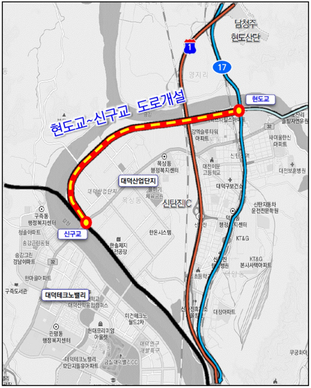 대전시가 본격 추진하게 될 현도교_신구교 도로개설 구간. 사진제공=대전시