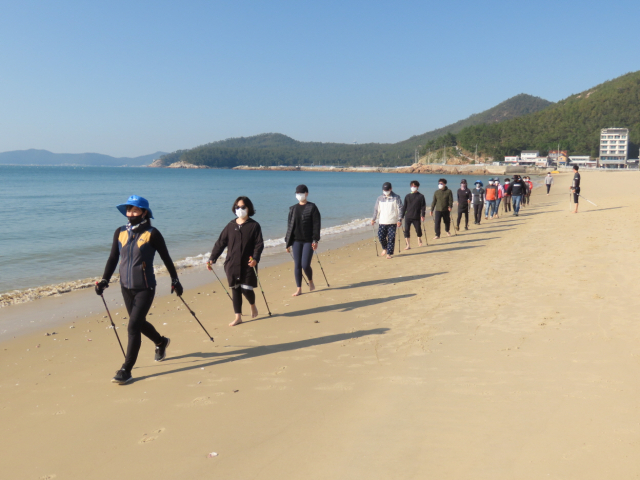 완도군에서 실시한 해양치유 프로그램에 참가한 참가자들이 노르딕워킹을 하고 있다. /사진제공=완도군