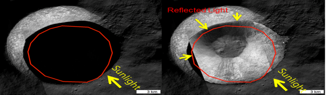 나사 섀도캠(ShadowCam)으로 촬영한 달 극지역 크레이터의 예상 모습(왼쪽)과 보통의 카메라로 촬영한 모습(오른쪽)