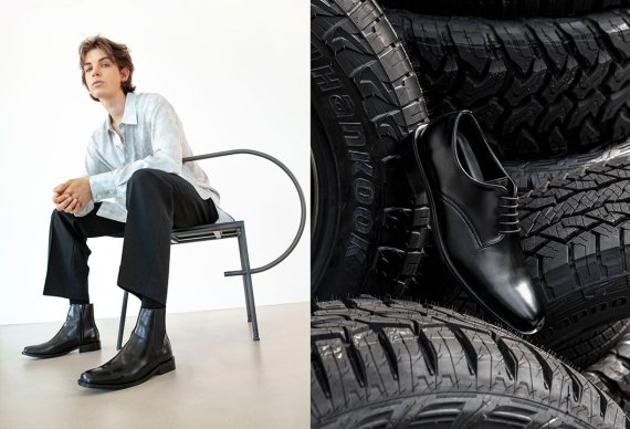 한국타이어앤테크놀로지가 '야세'와 협업해 폐타이어를 재활용해 제작한 신발./사진제공=한국타이어