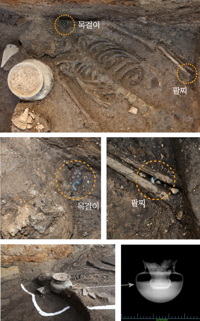 경주 월성 서성벽에서 최근 발견된 여성인골과 장신구, 함께 놓인 토기. /사진제공=국립경주문화재연구소