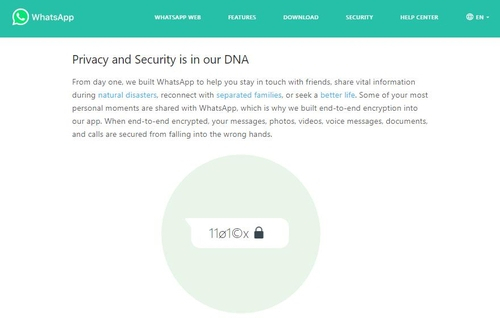 '전 구간 암호화'(end-to-end encryption)를 강조하고 있는 왓츠앱 홈페이지./연합뉴스=왓츠앱 홈페이지 갈무리