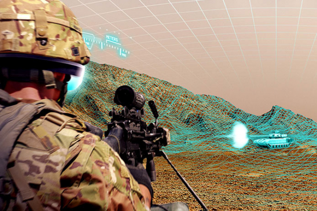 미군 병사가 현실 공간과 사이버공간을 합성한 첨단 훈련체계의 지원을 받아 가상의 탱크를 보며 사격연습을 하는 모습. 병사가 착용한 스마트안경이 실제와 가상공간을 혼합한 모의교전 상황을 보여주고 있다. 스마트안경은 가상현실·증강현실(VR·AR) 기술을 활용해 가상의 표적인 탱크까지의 사격거리 등을 디지털 시각정보로 보여준다. 여기에 인공지능(AI) 기술이 더해져 병사가 보다 정확히 교전할 수 있도록 정보를 제공한다. 우리 육군도 KCTC 등을 한층 진화시켜 이처럼 첨단화된 훈련을 구현할 계획이다. /사진제공=레이시온 인텔리전스&스페이스
