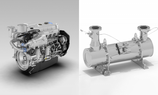 최근 출시된 현대두산인프라코어의 전자식 선박엔진 DX12(왼쪽)와 유해물질 배출 차단 기술이 적용된 SCR 머플러./사진 제공=현대제뉴인