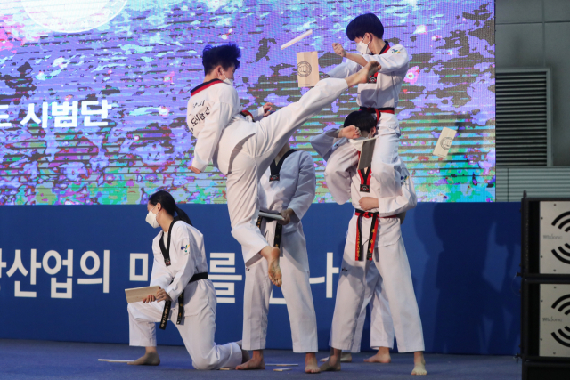 고양시 태권도 시범단이 12일 경기도 고양시 킨텍스에서 열린 제6회 대한민국 국제 관광박람회에서 발차기 격파 장면을 선보이고 있다./고양=연합뉴스