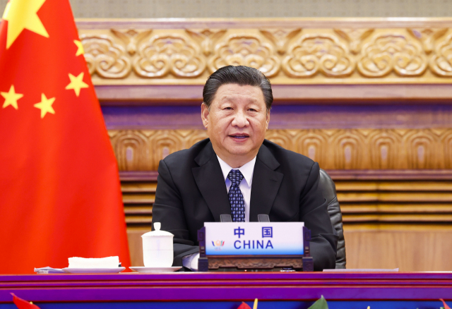 시진핑 중국 국가주석이 9일(현지 시간) 수도 베이징에서 화상으로 열린 제13차 브릭스(BRICS) 정상회의에 참석해 기조연설을 하고 있다. /신화연합뉴스