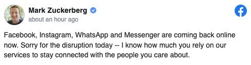 마크 저커버그 페이스북 CEO가 개인 페이스북 계정에 페이스북의 주요 서비스 먹통 사태를 두고 사과의 뜻을 전하고 있다. /로이터연합뉴스