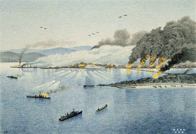 한국전쟁 종군화가 허버트 한(Herbert C. Hahn)이 1950년 인천상륙작전 당시 인천 및 월미도에 대한 연합군의 포격을 묘사한 그림./이미지제공=미 해군 역사·문화유산 사령부