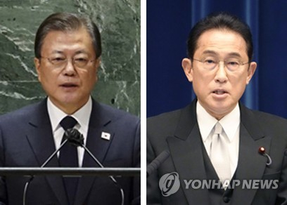 문재인(왼쪽) 대통령과 기시다 후미오 일본 총리. 사진=연합뉴스·교도통신