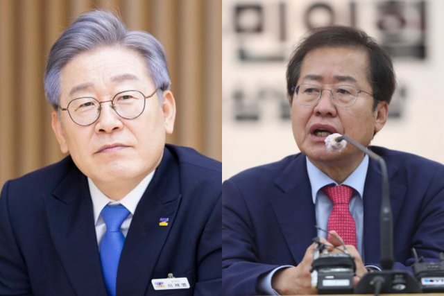 홍준표(오른쪽) 국민의힘 대선 예비후보와 이재명 더불어민주당 대선 후보./연합뉴스