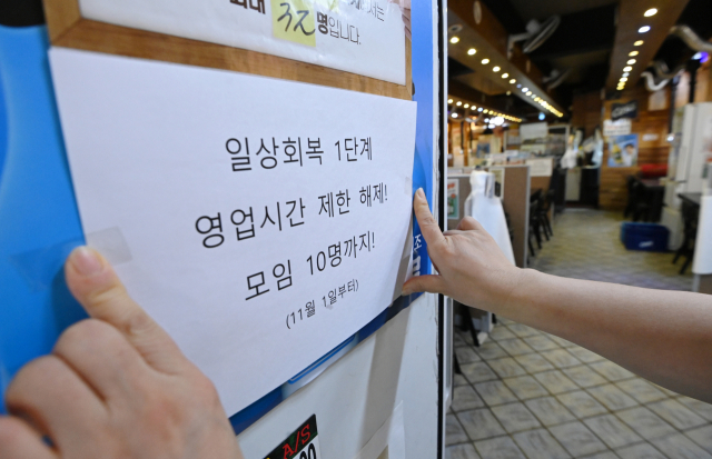 다음 달 1일부터 '위드 코로나(단계적 일상 회복)' 전환을 앞두고 29일 서울 종로의 한 식당 관계자가 영업제한이 풀릴 예정이라는 안내 문구를 붙이고 있다. /권욱 기자