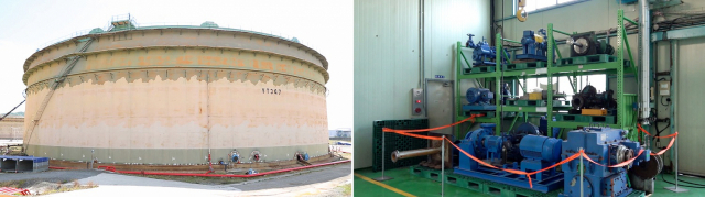 울산CLX의 원유저장탱크(사진 왼쪽)와 울산CLX 내에서 철거된 설비들./사진제공=SK이노베이션