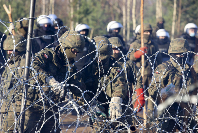 폴란드 군경이 9일(현지시간) 이웃 나라 벨라루스의 그로드노와 접경한 지역에 철조망을 설치하고 있다. 최근 폴란드와 벨라루스의 국경 지역에서는 폴란드로 월경을 시도하는 이주민들이 몰려들고 있다. 이들 이주민 대다수는 전쟁과 빈곤을 피해 중동에서 벨라루스로 건너온 이들로, 유럽연합(EU) 회원국인 폴란드를 통해 EU로 들어온 뒤 선진국들에서 새 삶을 꿈꾼다./AP연합뉴스
