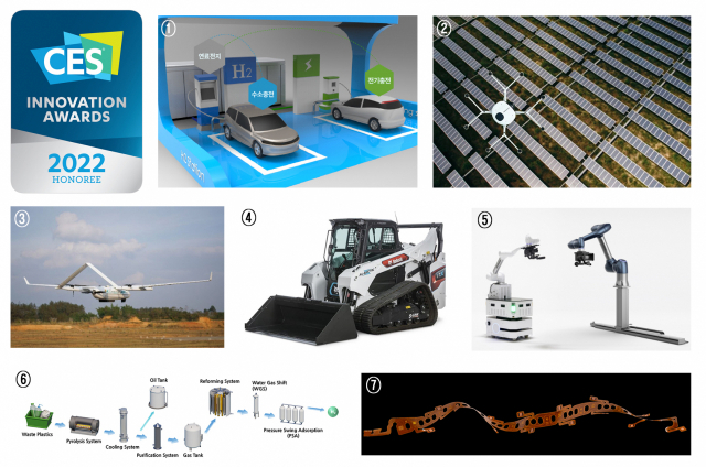 CES 2022 혁신상을 수상한 두산 제품들. ①수소연료전지 시스템 ‘트라이젠’(왼쪽 위부터) ②수소드론을 활용한 태양광 발전소 점검 솔루션 ③수직이착륙 고정익 수소드론 ‘DJ25’ ④완전 전동식(All-Electric) 로더 ‘T7X’, ⑤카메라 로봇 ⑥폐플라스틱 수소화 기술 ⑦PFC(Patterned Flat Cable)./사진 제공=두산