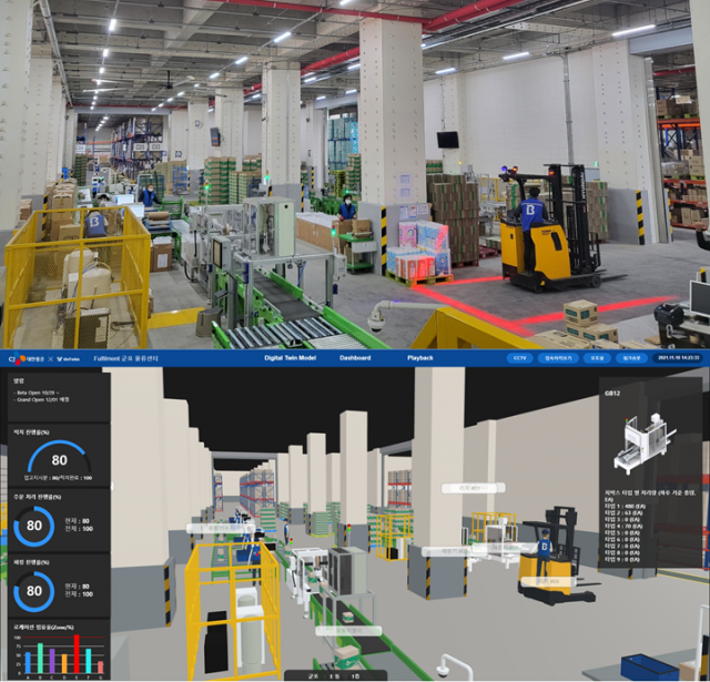 CJ대한통운 가상 세계에 실제 물류센터와 같은 ‘쌍둥이 창고’를 만들어 물류 상황을 예측하는 ‘디지털 트윈’ 기술을 구축하기로 했다. 사진은 실제 CJ대한통운 물류센터 내부(위)와 가상 세계에 구축된 쌍둥이 창고./사진 제공=CJ대한통운
