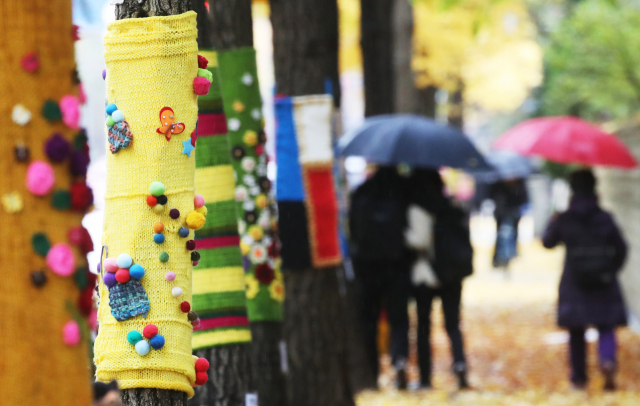 우산을 쓴 시민이 지난 8일 경기도 광명시에서 뜨개옷을 입은 가로수길을 걷고 있다. 2021.11.8 xanadu@yna.co.kr (끝)