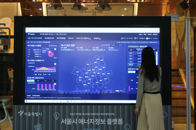서소문청사의 기후에너지정보센터의 대형 스크린에 표시된 서울시 에너지정보 플랫폼 화면. /사진 제공=서울시