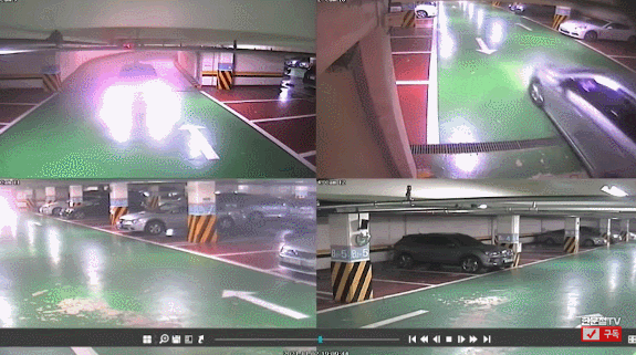 지난 2일 부산 해운대구의 한 아파트 지하주차장에서 발생한 충돌 사고 현장이다. /유튜브 '한문철TV' 캡처