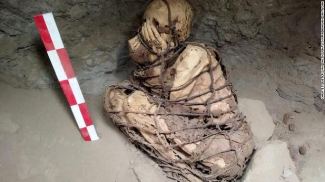 페루 산 마르코스 국립대학 연구진이 리마 근처의 카하마르킬라 유적지 마을 광장 지하에서 발굴한 미라의 모습이다. /CNN 캡처