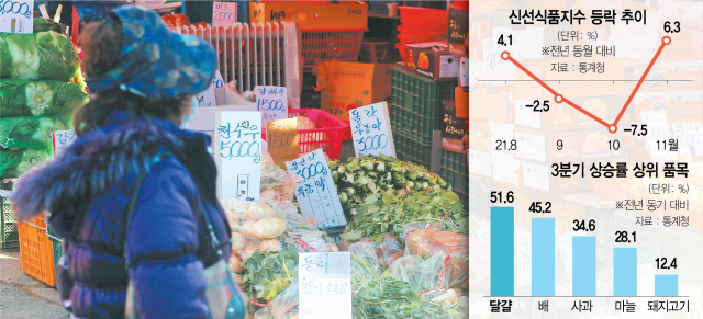 5일 서울 시내의 한 전통시장에서 장 보러 나온 시민이 채소와 과일에 붙은 가격표를 바라보고 있다. /연합뉴스