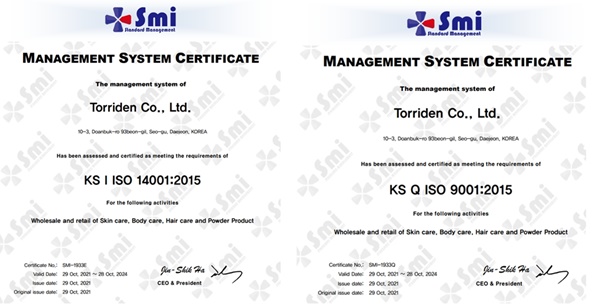 토리든, ESG경영을 위한 국제표준 ISO 14001/9001 인증 획득