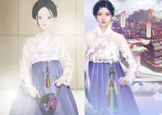 국내 게임사 에어캡이 서비스 중인 '걸 글로브'(왼쪽)와 중국 게임 '꽃피는 달빛' 한복 이미지/사진=에어캡 제공