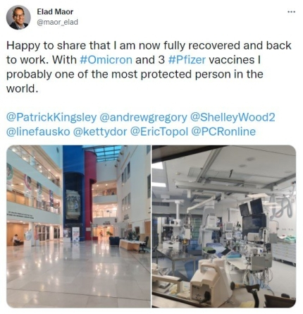 이스라엘 의사 엘라드 마오르가 오미크론에 감염됐다가 완치된 자신의 경험을 7일 밝혔다. /트위터 캡처