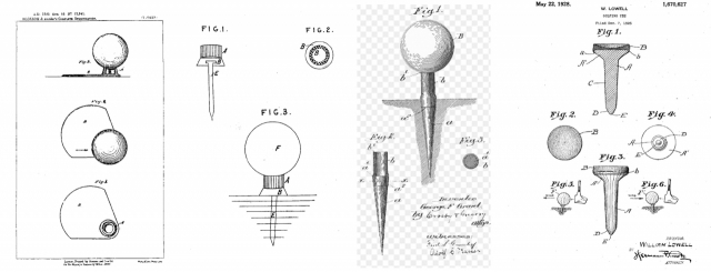 1889년 세계 최초로 특허를 얻은 티(왼쪽부터), 1892년 개발된 최초로 지면을 뚫는 방식의 티, 1899년 미국인 최초로 특허를 얻은 조지 그랜트의 티, 1921년 개발돼 상업용 티로 널리 보급된 레디 티의 설계도. /위키피디아