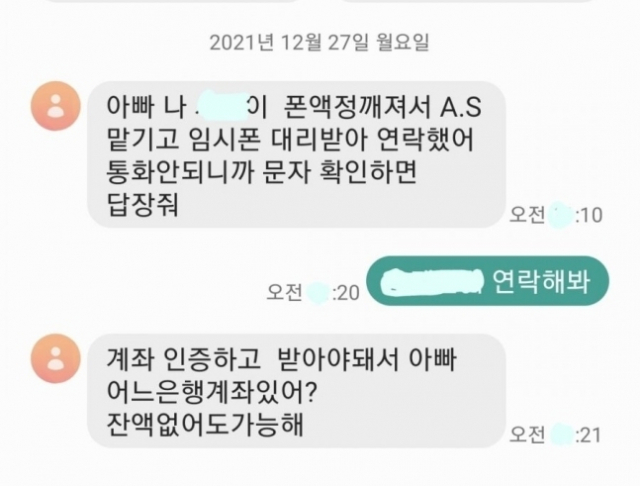 누리꾼이 27일 온라인 커뮤니티에 공개한 사기 문자 내역이다. /온라인 커뮤니티 캡처