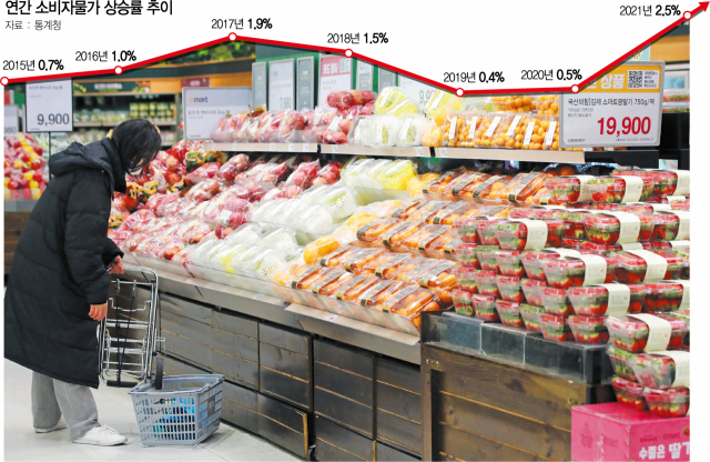 통계청이 2021년 소비자물가지수가 102.50(2020년=100)으로 작년보다 2.5% 상승했다고 31일 발표했다. 이는 2011년(4.0%) 이후 가장 높은 수준으로 농축수산물과 국제 원자재 가격 상승, 수요 회복 등이 맞물린 영향이다. 사진은 이날 서울의 한 대형마트.. /연합뉴스