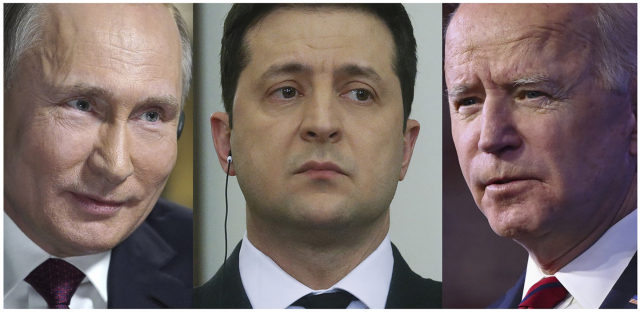 왼쪽 부터 블라미디르 푸틴 러시아 대통령, 볼로디미르 젤렌스키 우크라이나 대통령, 조 바이든 미국 대통령/AFP 연합뉴스