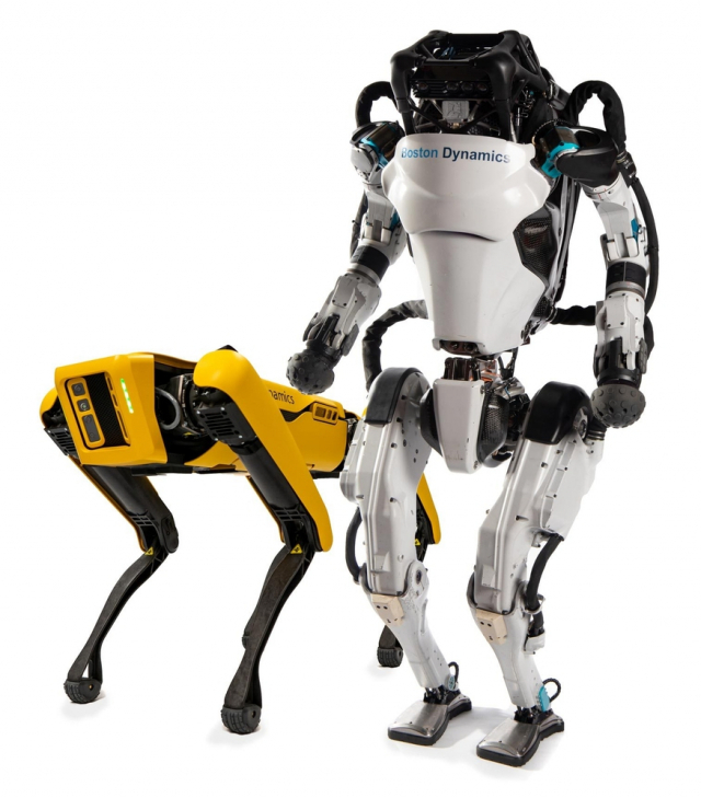 보스턴 다이나믹스의 인간형 로봇 ‘아틀라스(오른쪽)’과 4족보행 로봇개 ‘스팟’./사진제공=현대차그룹