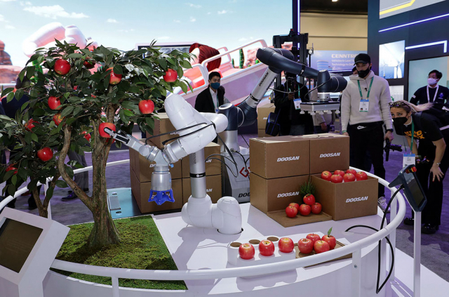 5일(현지 시간) ‘CES 2022’에 전시된 두산로보틱스의 협동 로봇이 스마트팜에서 자란 나무에서 사과를 수확해 포장하고 있다./사진 제공 = 두산
