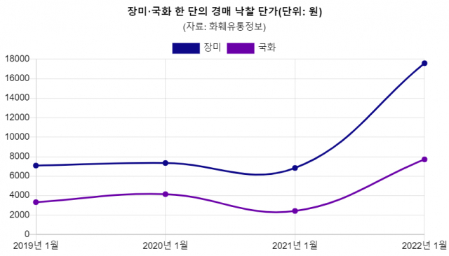 지난 4년의 장미, 국화 경매낙찰단가. /화훼유통정보