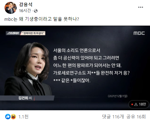 김건희 '가세연 XXX 같은 X들'에…강용석 'MBC, 왜 기생충이라 말 못하나'