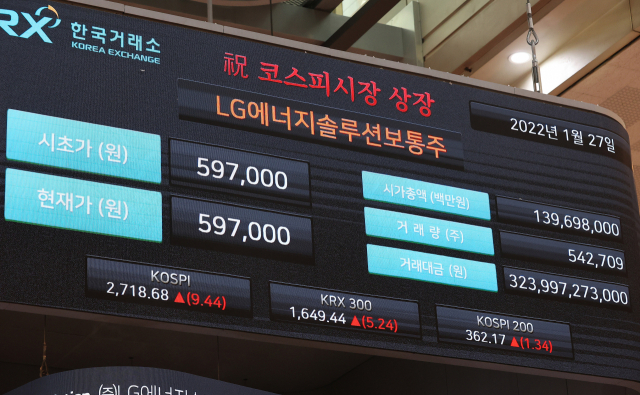 27일 오전 서울 여의도 한국거래소에서 열린 LG에너지솔루션의 코스피 신규상장 기념식에서 전광판에 시초가 59만 7,000원이 적혀있다./권욱 기자