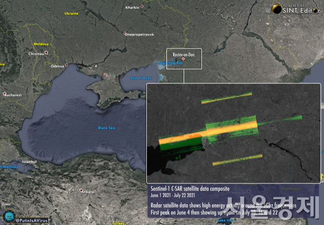 유럽 인공위성 ‘센티넬-1호’가 지난해 7월 러시아 지역에서 발사된 것으로 추정되는 전자파 공격을 받은 당시 합성개구레이더로 촬영한 러시아 로스토프 지역의 영상. 전자파 공격의 영향으로 촬영 영상에 황색 및 녹색 줄무늬가 생겨 해당 지역의 상황을 알아보기 힘들게 됐다. /이미지=putinisavirus트윗터 이미지를 게재한 Defense-blog닷컴