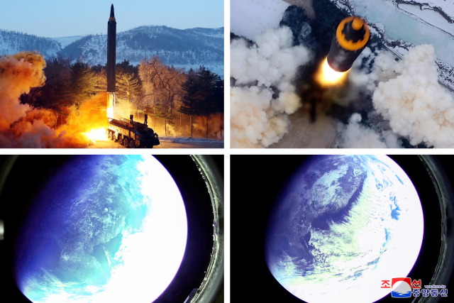 북한이 지난 1월 30일 화성-12형 탄도미사일을 발사하는 장면(윗쪽 사진 2장)과 우주공간에서 지구를 찍은 것으로 추정되는 사진. /조선중앙통신·연합뉴스